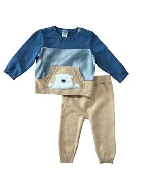 Little Me Blue and Tan Knit Bear Sweater Set